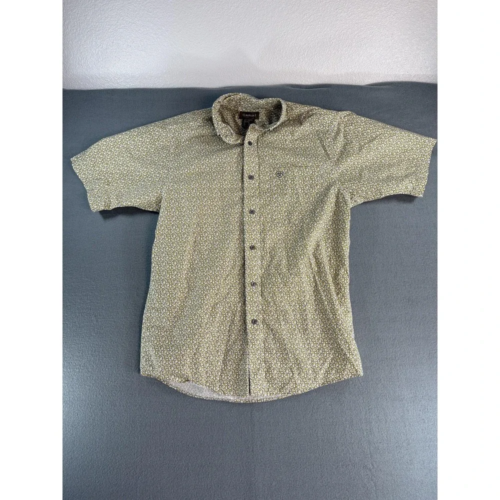Ariat Shirt Mens Small Yellow Beer Mug Short‎ Sleeve Button Up Cotton Casual